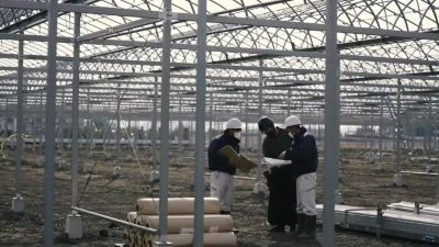 ハウス建設現場で打ち合わせをする様子